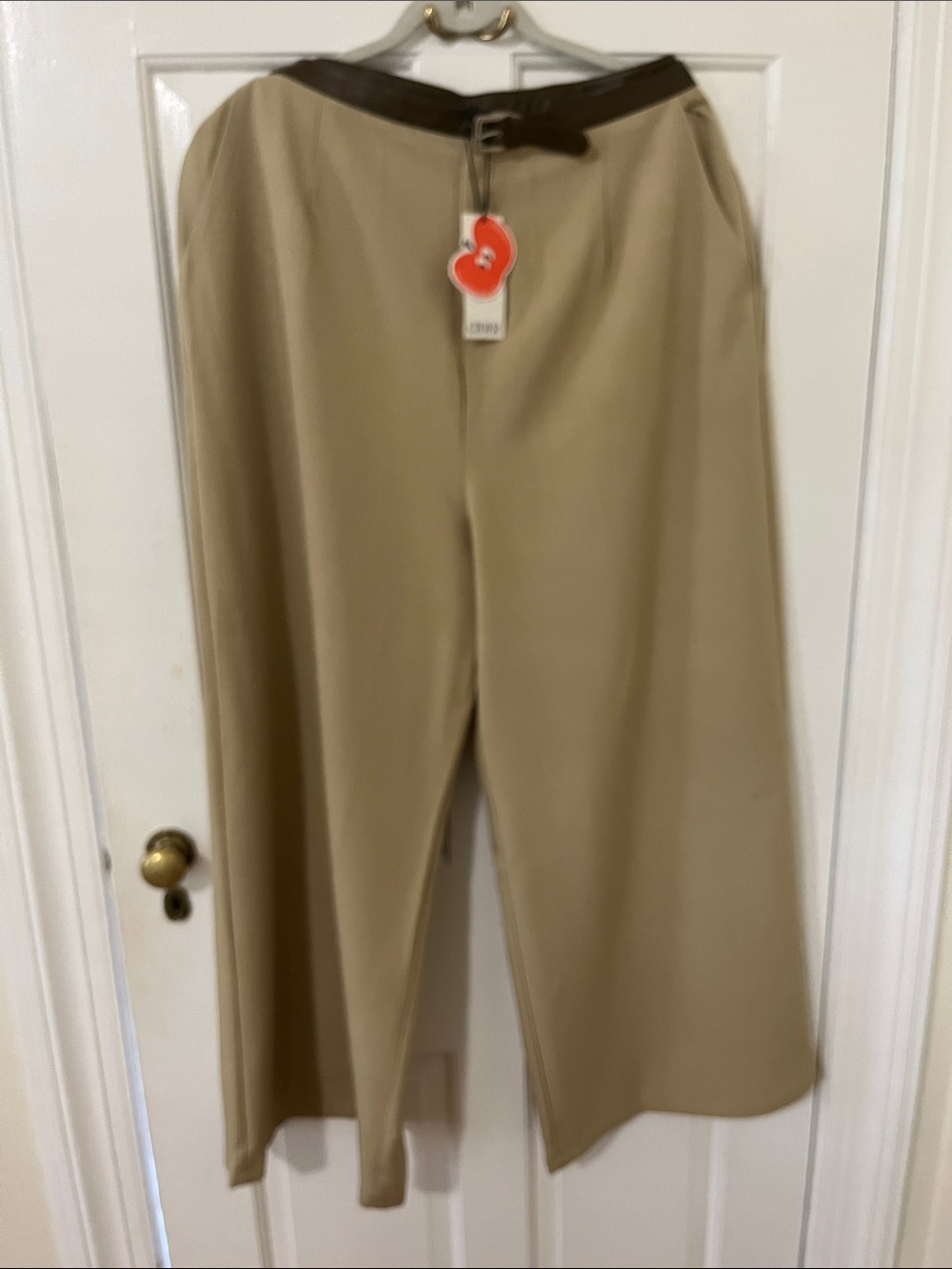 Cider Wide-Leg Khaki Chinos with Dark Brown Faux Leather Waistband